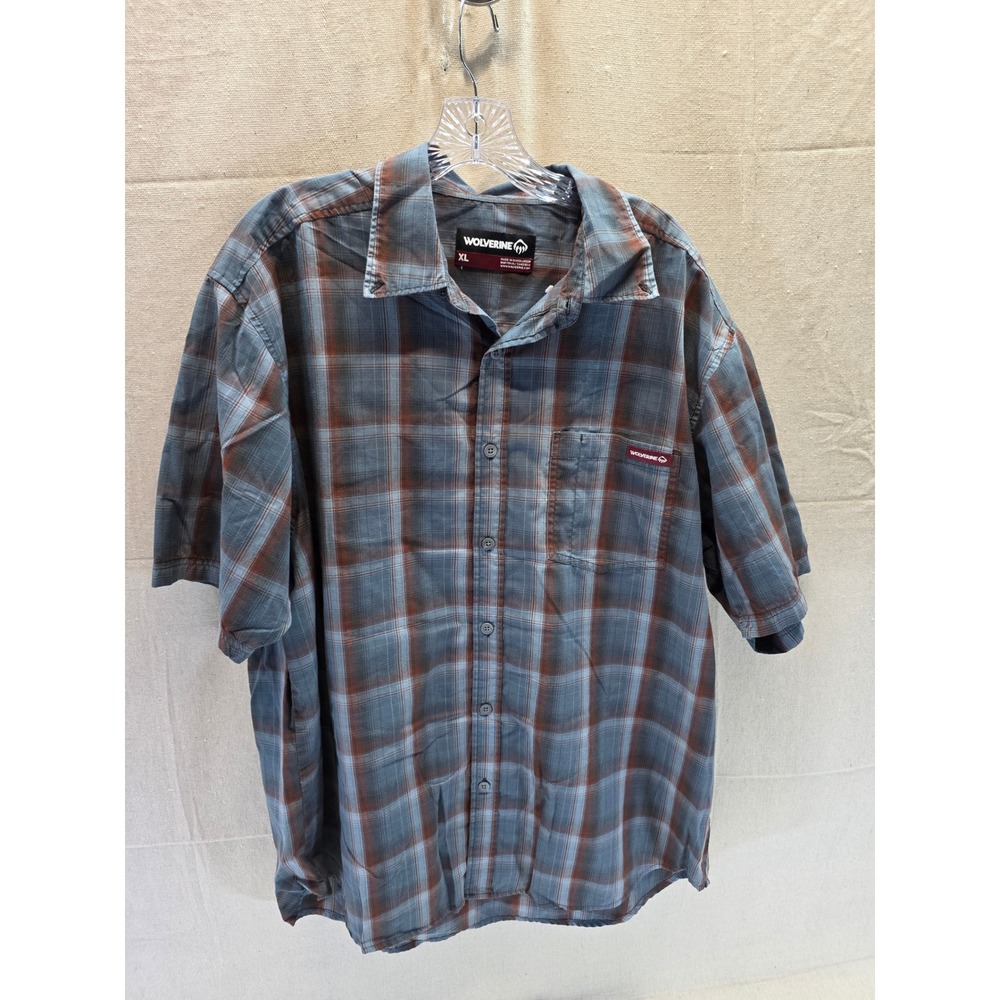 Wolverine Mens XL Blue Brown Plaid Short Sleeve Button Up Work Shirt 2089